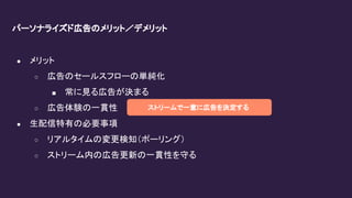パーソナライズド広告のメリット／デメリット
● メリット
○ 広告のセールスフローの単純化
■ 常に見る広告が決まる
○ 広告体験の一貫性
● 生配信特有の必要事項
○ リアルタイムの変更検知（ポーリング）
○ ストリーム内の広告更新の一貫性を守る
ストリームで一意に広告を決定する
 