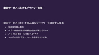 動画サービスにおけるデリバリー品質
動画サービスにおいて高品質なデリバリーを阻害する要素
● 動画は性質上動的
● デプロイ制御者と動画機能実装者が異なるケース
● メトリクス計測コードが壊されるリスク
● ユーザーと同じ環境で QA する必要性がより高い
 