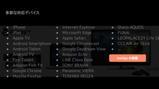 多彩な対応デバイス
● iPhone
● iPad
● Apple TV
● Android Smartphone
● Android Tablet
● Android TV
● Fire Tablet
● Amazon Fire TV
● Google Chrome
● Mozilla Firefox
● Internet Explorer
● Microsoft Edge
● Apple Safari
● Google Chromecast
● Google Daydream View
● Amazon Echo
● LINE Clova Desk
● SONY BRAVIA
● Panasonic VIERA
● TOSHIBA REGZA
● Sharp AQUOS
● FUNAI
● LEOPALACE21 Life St
● CCCAIR Air Stick
● ...
DevOps の課題
 