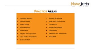 • Corporate Advisory
• Fund Formation
• Private Equity
• Venture Capital
• Accelerators
• Mergers and Acquisitions
• Cross Border Transactions
• Externalization
• Business Structuring
• Bankruptcy & Insolvency
• Compliances
• Intellectual Property
• Employment
• Mediation and settlements
• Real Estate
PRACTICE AREAS
 