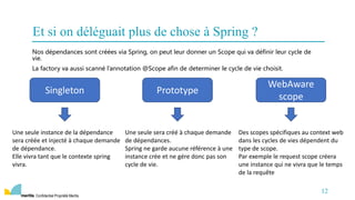 Confidentiel Propriété Meritis
Nos dépendances sont créées via Spring, on peut leur donner un Scope qui va définir leur cycle de
vie.
La factory va aussi scanné l’annotation @Scope afin de determiner le cycle de vie choisit.
12
Et si on déléguait plus de chose à Spring ?
Singleton
Une seule instance de la dépendance
sera créée et injecté à chaque demande
de dépendance.
Elle vivra tant que le contexte spring
vivra.
Prototype
Une seule sera créé à chaque demande
de dépendances.
Spring ne garde aucune référence à une
instance crée et ne gére donc pas son
cycle de vie.
WebAware
scope
Des scopes spécifiques au context web
dans les cycles de vies dépendent du
type de scope.
Par exemple le request scope créera
une instance qui ne vivra que le temps
de la requête
 