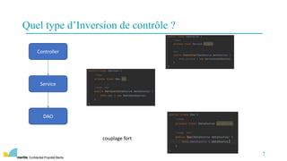 Confidentiel Propriété Meritis
7
Quel type d’Inversion de contrôle ?
couplage fort
DAO
Service
Controller
 