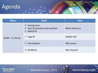 Agenda
When

What

Who

 Introduction
 Your BI questions demystified
 BAASS BI
10:00 – 11:30 am

Bharti Meisuria

 Sage BI

Debbie Hill

 Info Explorer

Rob Lavery

 BI Metrix

Ram Hasson

 