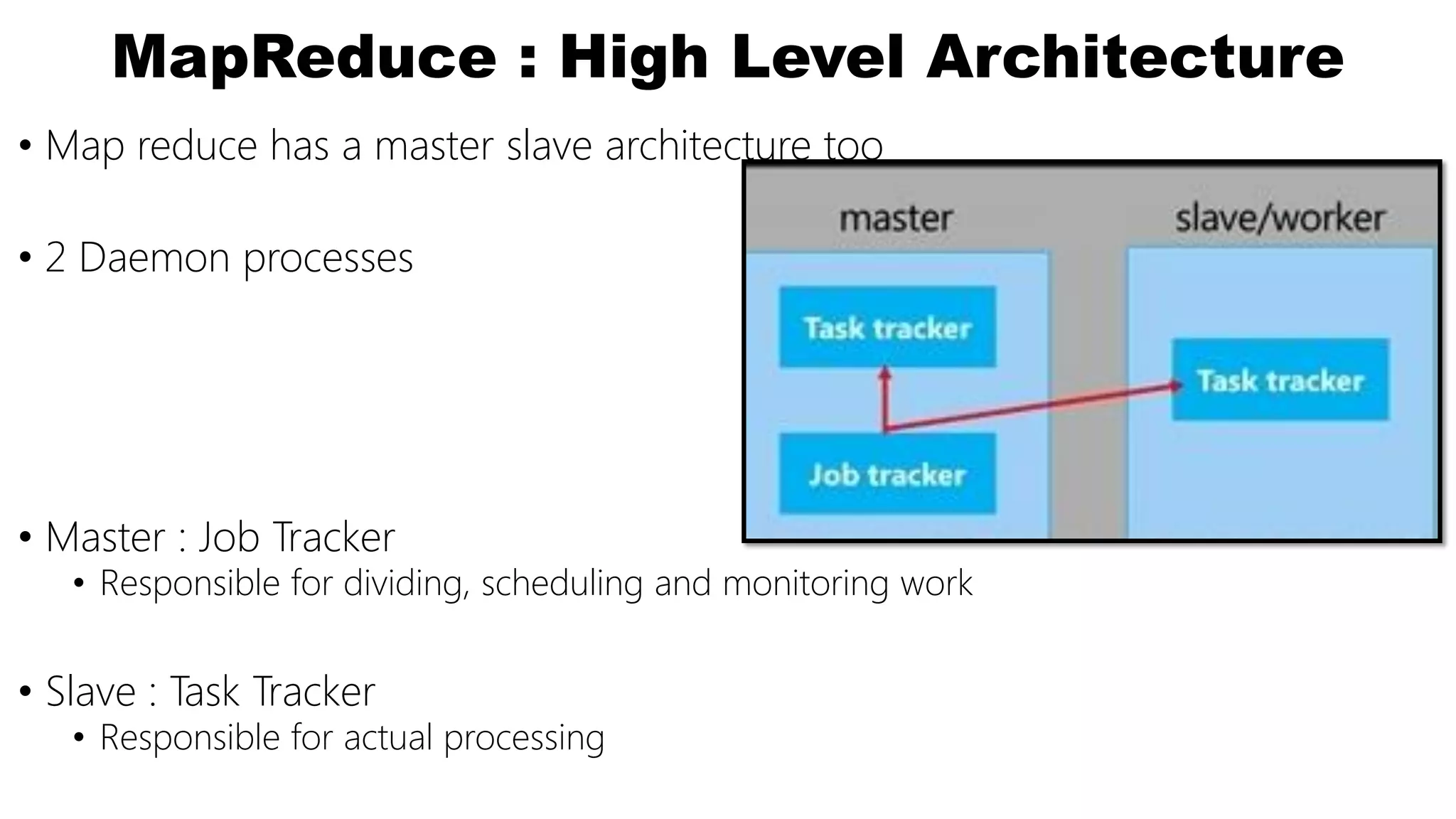 MapReduce : High Level Architecture
• Map reduce has a master slave architecture too
• 2 Daemon processes
• Master : Job Tracker
• Responsible for dividing, scheduling and monitoring work
• Slave : Task Tracker
• Responsible for actual processing
 