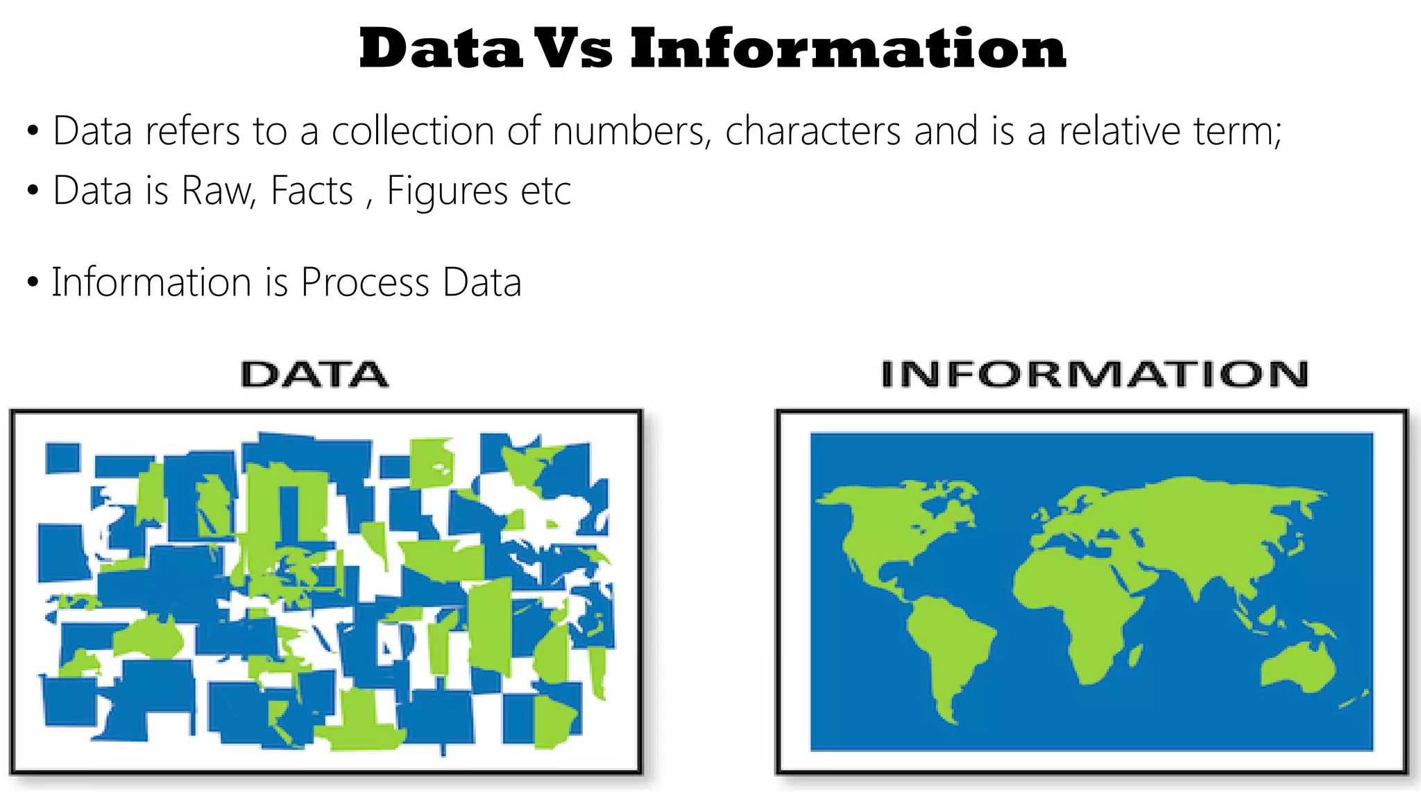 Data Vs Information
• Data refers to a collection of numbers, characters and is a relative term;
• Data is Raw, Facts , Figures etc
• Information is Process Data
 