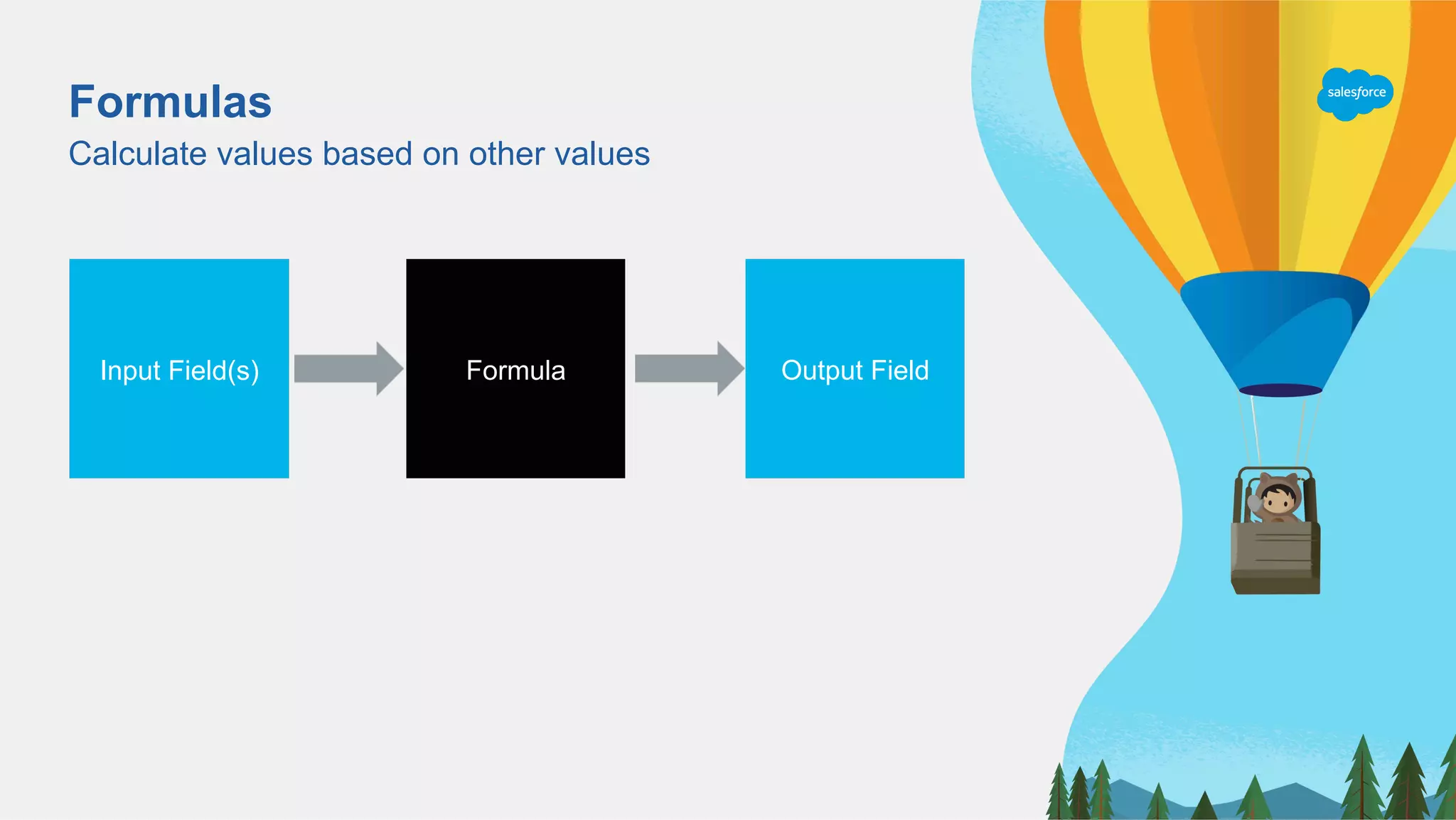 Formulas
Calculate values based on other values
Output FieldFormulaInput Field(s)
 