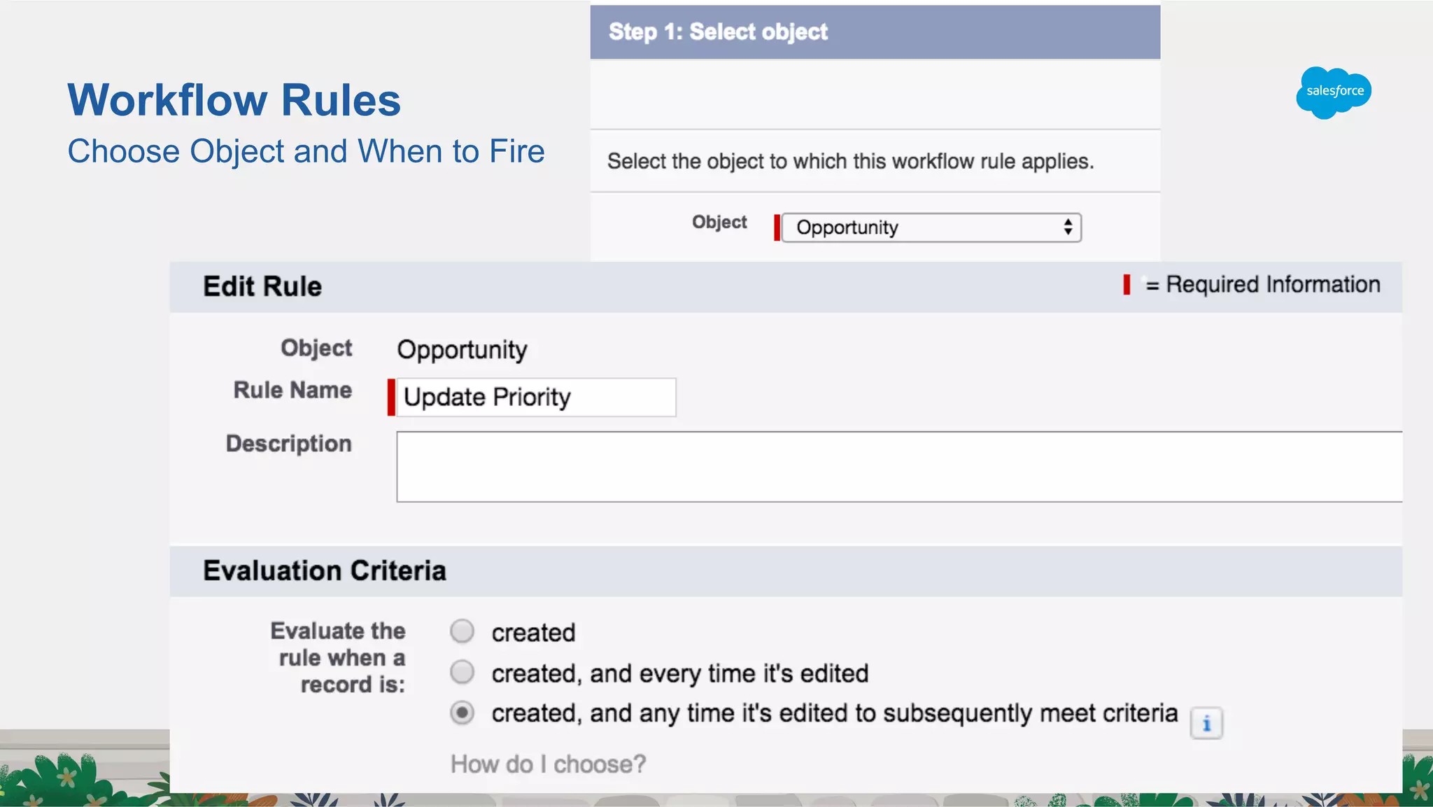 Choose Object and When to Fire
Workflow Rules
 