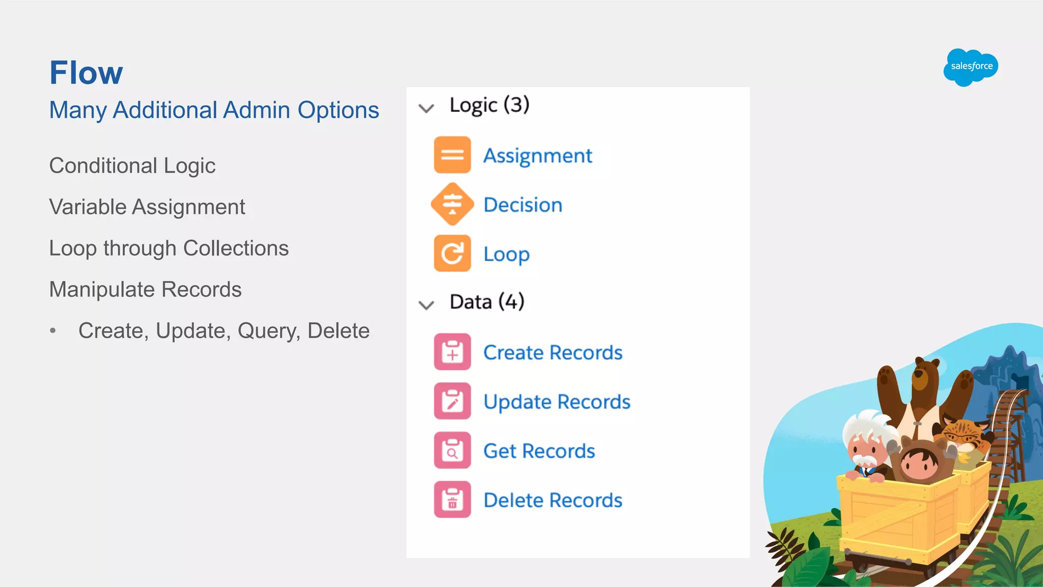 Flow
Conditional Logic
Variable Assignment
Loop through Collections
Manipulate Records
•  Create, Update, Query, Delete
Many Additional Admin Options
 