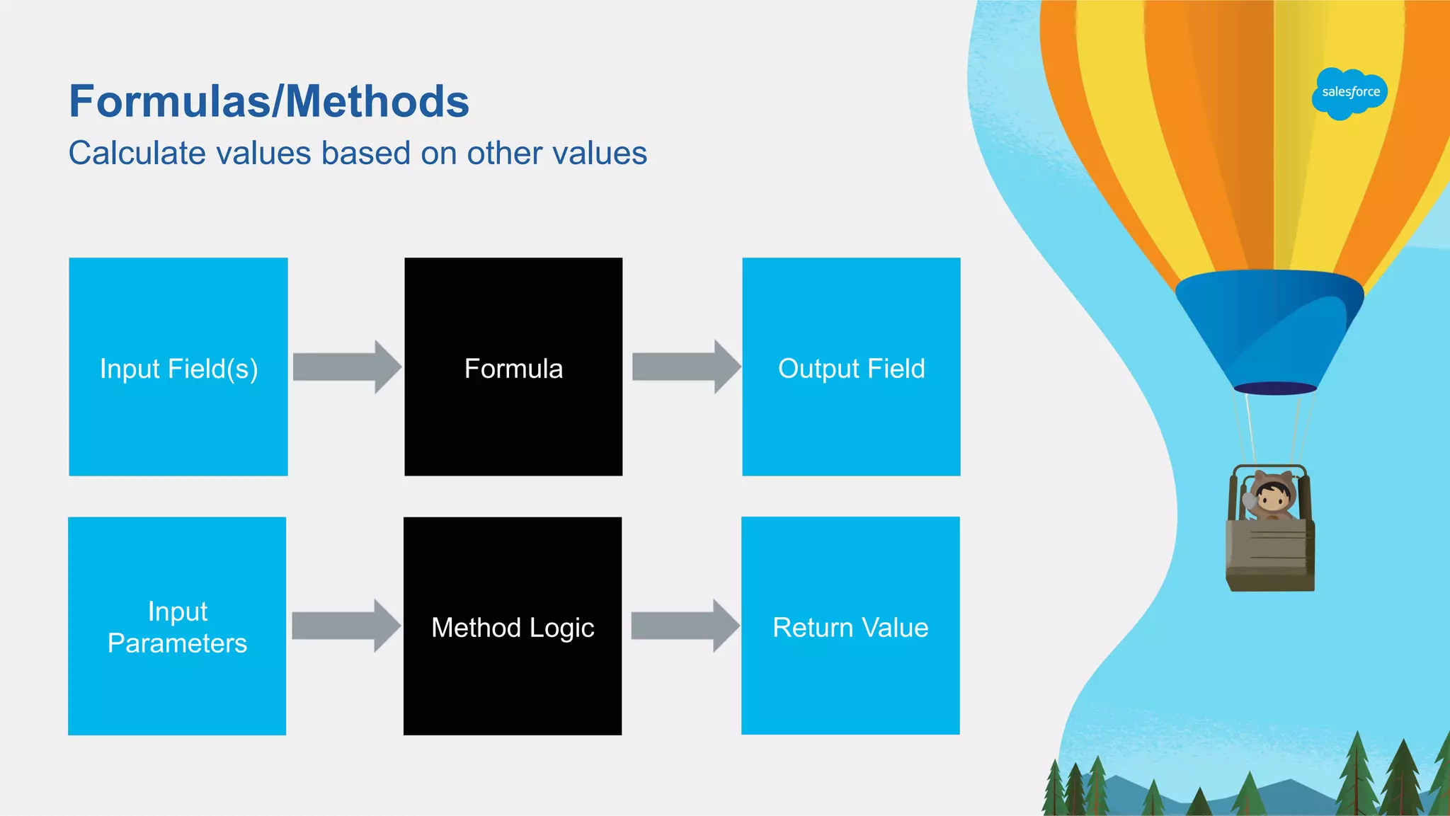 Formulas/Methods
Calculate values based on other values
Output FieldFormulaInput Field(s)
Return ValueMethod Logic
Input
Parameters
 