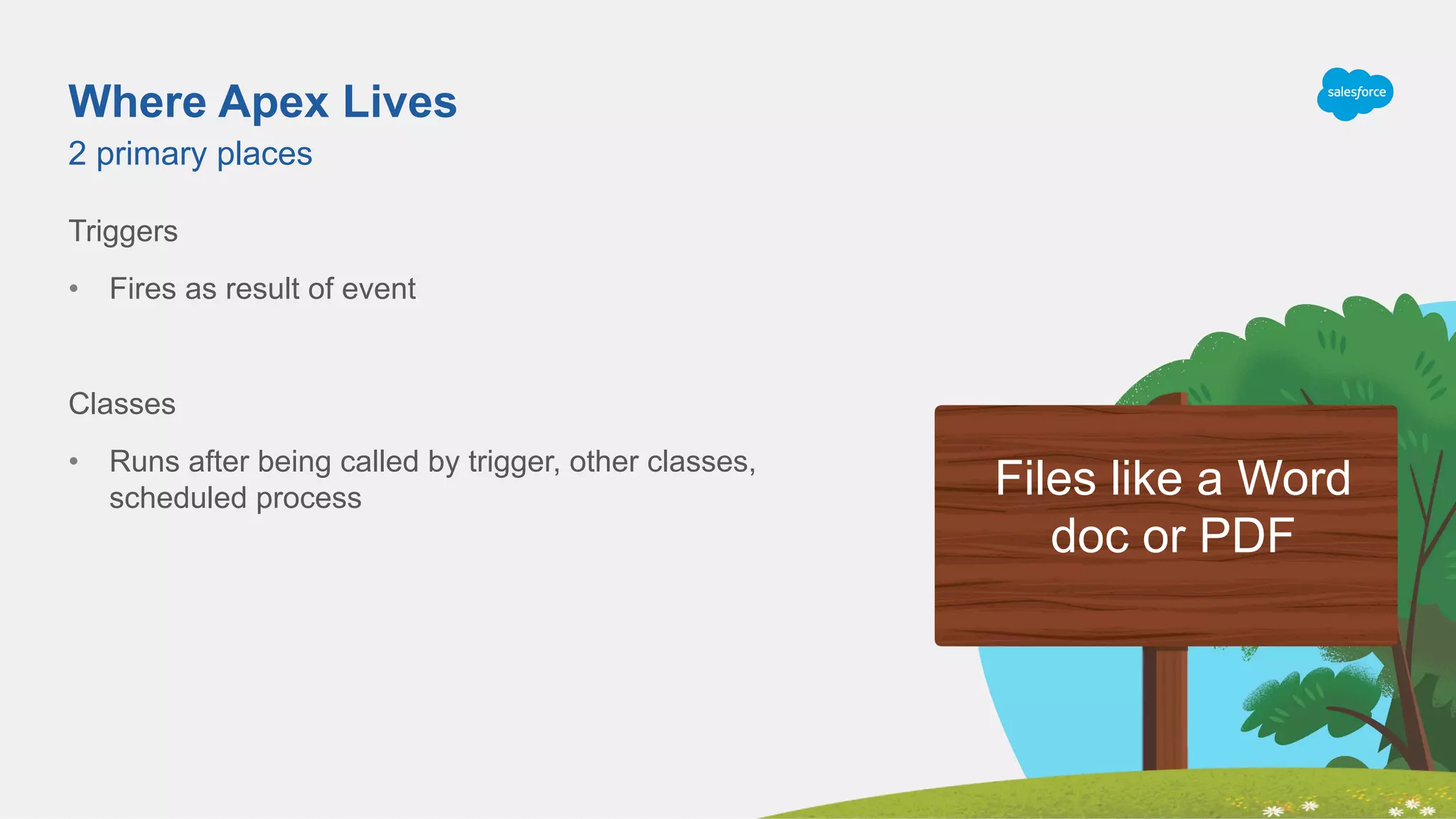 Where Apex Lives
Triggers
•  Fires as result of event
Classes
•  Runs after being called by trigger, other classes,
scheduled process
2 primary places
Files like a Word
doc or PDF
 