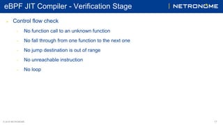 © 2018 NETRONOME
eBPF JIT Compiler - Verification Stage
 Control flow check
• No function call to an unknown function
• N...