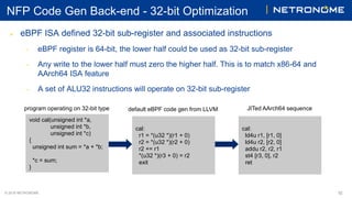 © 2018 NETRONOME
NFP Code Gen Back-end - 32-bit Optimization
 eBPF ISA defined 32-bit sub-register and associated instruc...