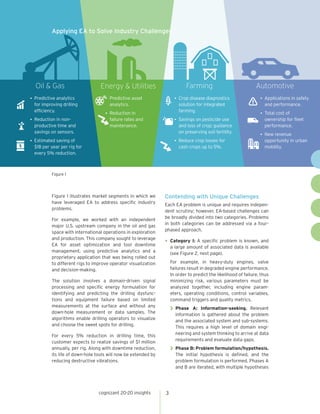 Oil & Gas Energy & Utilities Farming Automotive
cognizant 20-20 insights 3
Figure 1 illustrates market segments in which we
have leveraged EA to address specific industry
problems.
For example, we worked with an independent
major U.S. upstream company in the oil and gas
space with international operations in exploration
and production. This company sought to leverage
EA for asset optimization and tool downtime
management, using predictive analytics and a
proprietary application that was being rolled out
to different rigs to improve operator visualization
and decision-making.
The solution involves a domain-driven signal
processing and specific energy formulation for
identifying and predicting the drilling dysfunc-
tions and equipment failure based on limited
measurements at the surface and without any
down-hole measurement or data samples. The
algorithms enable drilling operators to visualize
and choose the sweet spots for drilling.
For every 5% reduction in drilling time, this
customer expects to realize savings of $1 million
annually, per rig. Along with downtime reduction,
its life of down-hole tools will now be extended by
reducing destructive vibrations.
Contending with Unique Challenges
Each EA problem is unique and requires indepen-
dent scrutiny; however, EA-based challenges can
be broadly divided into two categories. Problems
in both categories can be addressed via a four-
phased approach.
•	Category I: A specific problem is known, and
a large amount of associated data is available
(see Figure 2, next page).
For example, in heavy-duty engines, valve
failures result in degraded engine performance.
In order to predict the likelihood of failure, thus
minimizing risk, various parameters must be
analyzed together, including engine param-
eters, operating conditions, control variables,
command triggers and quality metrics.
>> Phase A: Information-seeking. Relevant
information is gathered about the problem
and the associated system and sub-systems.
This requires a high level of domain engi-
neering and system thinking to arrive at data
requirements and evaluate data gaps.
>> Phase B: Problem formulation/hypothesis.
The initial hypothesis is defined, and the
problem formulation is performed. Phases A
and B are iterated, with multiple hypotheses
Applying EA to Solve Industry Challenges
Figure 1
•	 Predictive analytics
for improving drilling
efficiency.
•	 Reduction in non-
productive time and
savings on sensors.
•	 Estimated saving of
$1M per year per rig for
every 5% reduction.
•	 Predictive asset
analytics.
•	 Reduction in
failure rates and
maintenance.
•	 Crop disease diagnostics
solution for integrated
farming.
•	 Savings on pesticide use
and loss of crop; guidance
on preserving soil fertility.
•	 Reduce crop losses for
cash crops up to 5%.
•	 Applications in safety
and performance.
•	 Total cost of
ownership for fleet
performance.
•	 New revenue
opportunity in urban
mobility.
 