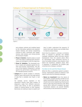 and problems defined and modified based
on the information gathered and analyzed.
System thinking and domain engineering
continue to play a dominant role. Supple-
mentary data analysis and mining provide
the necessary insights.
>> Phase C: Solution. Analytics plays a crucial
role in this stage, as different tools and tech-
niques are leveraged to fulfill the objectives.
>> Phase D: Validation. The developed solu-
tion is tested and validated against the do-
main and business requirements. The effi-
cacy of the analytics component is verified
against the performance specifications for
the intended business scenario.
•	Category II: A specific problem is unknown;
however, value is perceived in the huge amount
of data that is available (see Figure 3, next
page).
For example, service engineers in the
automotive industry have large numbers of
diagnostics codes from different electronic
control units (ECUs), as well as parameters
related to framing failures, at their disposal.
Businesses are looking at ways to exploit such
data to better understand the sequence of
events that cause failures and correlate them
to improve product design.
Given that the problem is unknown, an iterative
effort is required to generate and validate
candidate hypotheses before full-scale solution
development. Here, the solution phase offers
an intermediate rapid solutioning exercise to
solve formulated problems using analytics tools
before the hypothesis validation phase. After
a hypothesis is established, the problem gets
converted into a Category I problem.
Hurdles to EA and the Road Ahead
While EA offers a substantial upside to problem-
solving, organizations looking to embrace it will
need to overcome the following challenges:
•	Return on investment: Given the nature of
EA problems, tangible benefits and ROI are not
always quantifiable upfront. The costs are sig-
nificant and involve establishing infrastructure
both at a lab scale and production scale. While
precise ROI is difficult to establish, big data/
cloud-based analytics can provide flexibility
and economy to test and build EA solutions.
cognizant 20-20 insights 4
Category I: A Phased Approach to Problem-Solving
Validation PhaseSolution Phase
A B C D
Analytics
Defining Loop
Sense-making and Contextualization Loop
Information-seeking
Phase
Problem Formulation/
Hypothesis Phase
System
Thinking
Domain
Engineering
Figure 2
 