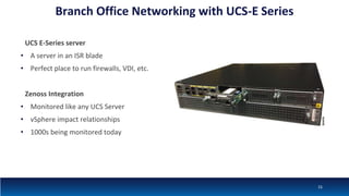 Branch Office Networking with UCS-E Series
UCS E-Series server
• A server in an ISR blade
• Perfect place to run firewalls, VDI, etc.
Zenoss Integration
• Monitored like any UCS Server
• vSphere impact relationships
• 1000s being monitored today
15
 