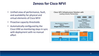 Zenoss for Cisco NFVI
• Unified view of performance, fault,
and availability for physical and
virtual elements of Cisco NFVI
• Proactive capacity thresholds
• Automatically configured by the
Cisco VIM so monitoring stays in sync
with deployment with no manual
effort
21
 