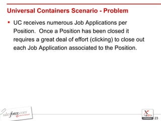 Universal Containers Scenario - Problem UC receives numerous Job Applications per Position.  Once a Position has been closed it requires a great deal of effort (clicking) to close out each Job Application associated to the Position. 