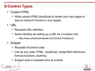 S-Control Types Custom HTML Write custom HTML/JavaScript to render your own pages or load an Active-X Control or Java Applet URL  Reusable URL definition Same interface as setting up a URL for a Custom Link: http://www.whateverwebsite.com?{!User.FirstName} Snippet  Reusable S-Control code Can be any code: HTML, JavaScript, merge field references, formula functions, anything Snippet code is included inline at runtime 