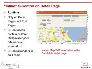 “Inline” S-Control on Detail Page Runtime  Only on Detail Pages, not Edit Pages S-Control can contain custom html/javascript or reference an external URL S-Control renders in an iFrame Yahoo Map S-Control inline in the Candidate detail page 