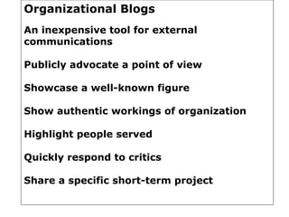 Organizational Blogs An inexpensive tool for external communications Publicly advocate a point of view Showcase a well-known figure  Show authentic workings of organization  Highlight people served  Quickly respond to critics Share a specific short-term project 