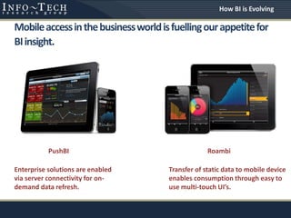 Mobileaccessinthebusinessworldisfuellingourappetitefor
BIinsight.
RoambiPushBI
Transfer of static data to mobile device
enables consumption through easy to
use multi-touch UI’s.
Enterprise solutions are enabled
via server connectivity for on-
demand data refresh.
How BI is Evolving
 
