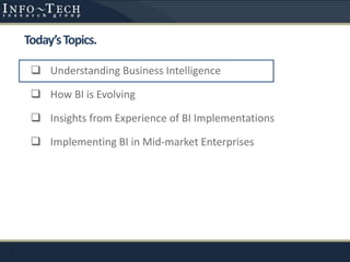 Today’sTopics.
 Understanding Business Intelligence
 How BI is Evolving
 Insights from Experience of BI Implementations
 Implementing BI in Mid-market Enterprises
3
 
