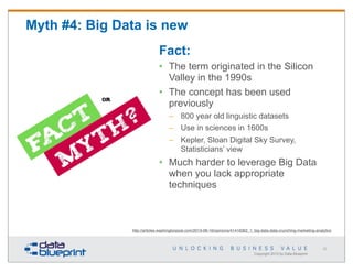 Myth #4: Big Data is new
Fact:
• The term originated in the Silicon
Valley in the 1990s
• The concept has been used
previously
– 800 year old linguistic datasets
– Use in sciences in 1600s
– Kepler, Sloan Digital Sky Survey,
Statisticians’ view

• Much harder to leverage Big Data
when you lack appropriate
techniques

http://articles.washingtonpost.com/2013-08-16/opinions/41416362_1_big-data-data-crunching-marketing-analytics

22

Copyright 2013 by Data Blueprint

 