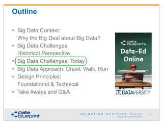 Outline
•
•
•
•
•
•

Big Data Context:
Why the Big Deal about Big Data?
Big Data Challenges:
Historical Perspective
Big Data Challenges: Today
Big Data Approach: Crawl, Walk, Run
Design Principles:
Foundational & Technical
Take Aways and Q&A

28

Copyright 2013 by Data Blueprint

 