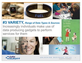 #3 VARIETY, Range of Data Types & Sources
Increasingly individuals make use of
data producing gadgets to perform
services for them

34

Copyright 2013 by Data Blueprint

 
