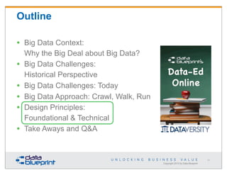 Outline
•
•
•
•
•
•

Big Data Context:
Why the Big Deal about Big Data?
Big Data Challenges:
Historical Perspective
Big Data Challenges: Today
Big Data Approach: Crawl, Walk, Run
Design Principles:
Foundational & Technical
Take Aways and Q&A

51

Copyright 2013 by Data Blueprint

 