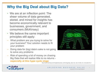 Why the Big Deal about Big Data?
• We are at an inflection point: The
sheer volume of data generated,
stored, and mined for insights has
become economically relevant to
businesses, government, and
consumers (McKinsey)
• We believe the same important
principles still apply:
– What problem are you trying to solve for
your business? Your solution needs to fit
your problem
– Doing data for (big) data’s sake is not going
to solve any problems
– Risk of spending a lot of money on chasing
Big Data that will realize little to no returns especially at this hype cycle stage
http://www.mckinsey.com/insights/business_technology/big_data_the_next_frontier_for_innovation?p=1

6

Copyright 2013 by Data Blueprint

 