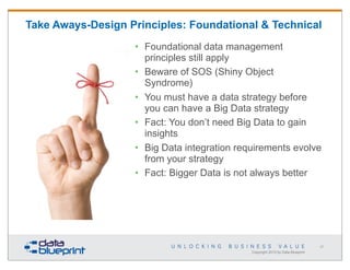 Take Aways-Design Principles: Foundational & Technical
• Foundational data management
principles still apply
• Beware of SOS (Shiny Object
Syndrome)
• You must have a data strategy before
you can have a Big Data strategy
• Fact: You don’t need Big Data to gain
insights
• Big Data integration requirements evolve
from your strategy
• Fact: Bigger Data is not always better

67

Copyright 2013 by Data Blueprint

 