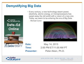 Demystifying Big Data
• Every century, a new technology-steam power,
electricity, atomic energy, or microprocessors-has
swept away the old world with a vision of a new one.
Today, we seem to be entering the era of Big Data
– Michael Coren

Date:
Time:
Presenter:

May 14, 2013
2:00 PM ET/11:00 AM PT
Peter Aiken, Ph.D.

1

Copyright 2013 by Data Blueprint

 