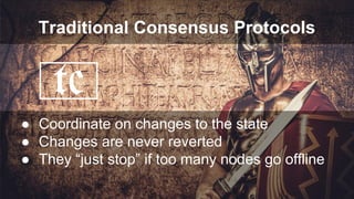 Traditional Consensus Protocols
tc
● Coordinate on changes to the state
● Changes are never reverted
● They “just stop” if too many nodes go offline
 
