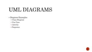  Diagram Examples
 Class Diagram
 Use Case
 Activity
 Sequence
 