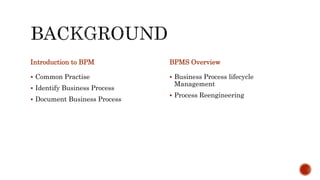 Introduction to BPM
 Common Practise
 Identify Business Process
 Document Business Process
BPMS Overview
 Business Process lifecycle
Management
 Process Reengineering
 