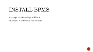  3+ days to build configure BPMS
 Supports a Enterprise environment
 