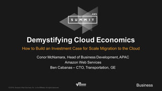 ©  2016,  Amazon  Web  Services,  Inc.  or  its  Affiliates.  All  rights  reserved.
Conor  McNamara,  Head  of  Business  Development,  APAC
Amazon  Web  Services
Ben  Cabanas  – CTO,  Transportation,  GE
Demystifying  Cloud  Economics
How  to  Build  an  Investment  Case  for  Scale  Migration  to  the  Cloud
Business
 