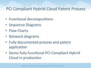 PCI	
  Compliant	
  Hybrid	
  Cloud	
  Patent	
  Process	
  
•  Func&onal	
  decomposi&ons	
  	
  
•  Sequence	
  Diagrams	
  
•  Flow	
  Charts	
  
•  Network	
  diagrams	
  
•  Fully	
  documented	
  process	
  and	
  patent	
  
applica&on	
  
•  Demo	
  fully	
  func&onal	
  PCI	
  Compliant	
  Hybrid	
  
Cloud	
  in	
  produc&on	
  
©	
  2009	
  –	
  2012	
  WriEen	
  and	
  All	
  Copyrights	
  reserved	
  by:	
  Ben	
  Clay	
  and	
  Rob	
  Morrow	
  
 