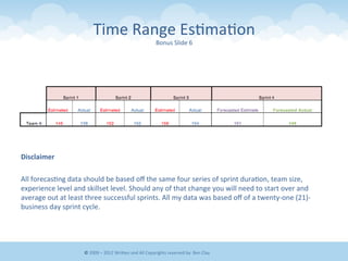 Time	
  Range	
  Es&ma&on	
  
Bonus	
  Slide	
  6	
  
	
  
	
  
	
  
	
  
	
  
	
  
	
  
	
  
Disclaimer	
  
	
  	
  
All	
  forecas&ng	
  data	
  should	
  be	
  based	
  oﬀ	
  the	
  same	
  four	
  series	
  of	
  sprint	
  dura&on,	
  team	
  size,	
  
experience	
  level	
  and	
  skillset	
  level.	
  Should	
  any	
  of	
  that	
  change	
  you	
  will	
  need	
  to	
  start	
  over	
  and	
  
average	
  out	
  at	
  least	
  three	
  successful	
  sprints.	
  All	
  my	
  data	
  was	
  based	
  oﬀ	
  of	
  a	
  twenty-­‐one	
  (21)-­‐
business	
  day	
  sprint	
  cycle.	
  
	
  
©	
  2009	
  –	
  2012	
  WriEen	
  and	
  All	
  Copyrights	
  reserved	
  by:	
  Ben	
  Clay	
  
 