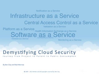 Demys&fying	
  Cloud	
  Security	
  
J o u r n e y 	
   f r o m 	
   P r o j e c t 	
   t o 	
   P a t e n t 	
   t o 	
   P u b l i c 	
   C o n s u m p & o n 	
  
	
  
	
  
	
  
By	
  Ben	
  Clay	
  and	
  Rob	
  Morrow 	
  	
  
Platform as a Service
Software as a ServiceDatabase as a Service
Load Balancing as a Service
Monitoring as a Service
Central Access Control as a Service
Infrastructure as a Service
Notiﬁcation as a Service
Validation as a Service
Health Information Exchange as a Service
©	
  2009	
  –	
  2012	
  WriEen	
  and	
  All	
  Copyrights	
  reserved	
  by:	
  Ben	
  Clay	
  
 