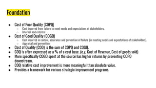 Foundation
● Cost of Poor Quality (COPQ)
○ Cost incurred from failure to meet needs and expectations of stakeholders.
○ In...