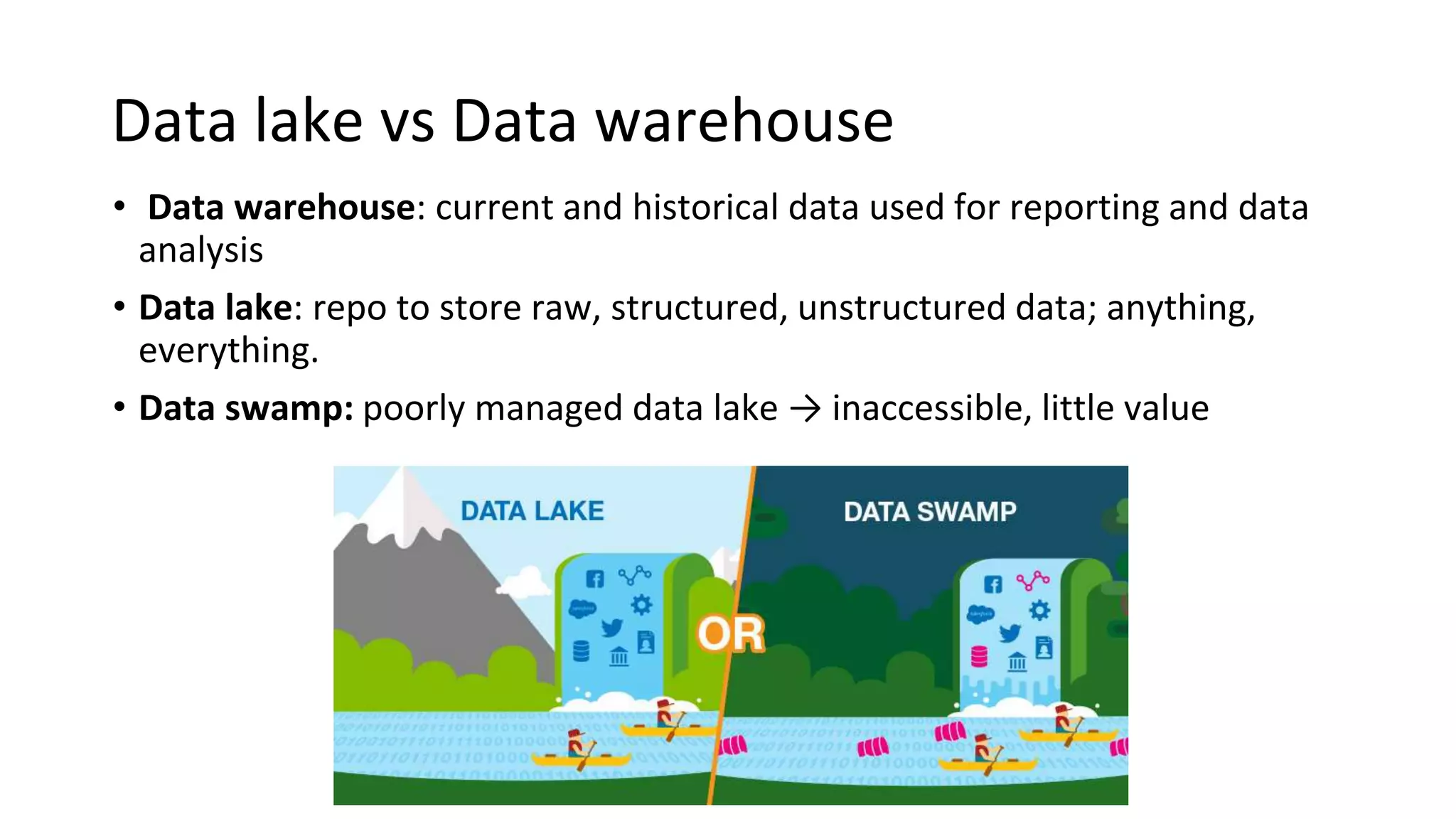 Data lake vs Data warehouse
• Data warehouse: current and historical data used for reporting and data
analysis
• Data lake: repo to store raw, structured, unstructured data; anything,
everything.
• Data swamp: poorly managed data lake → inaccessible, little value
 