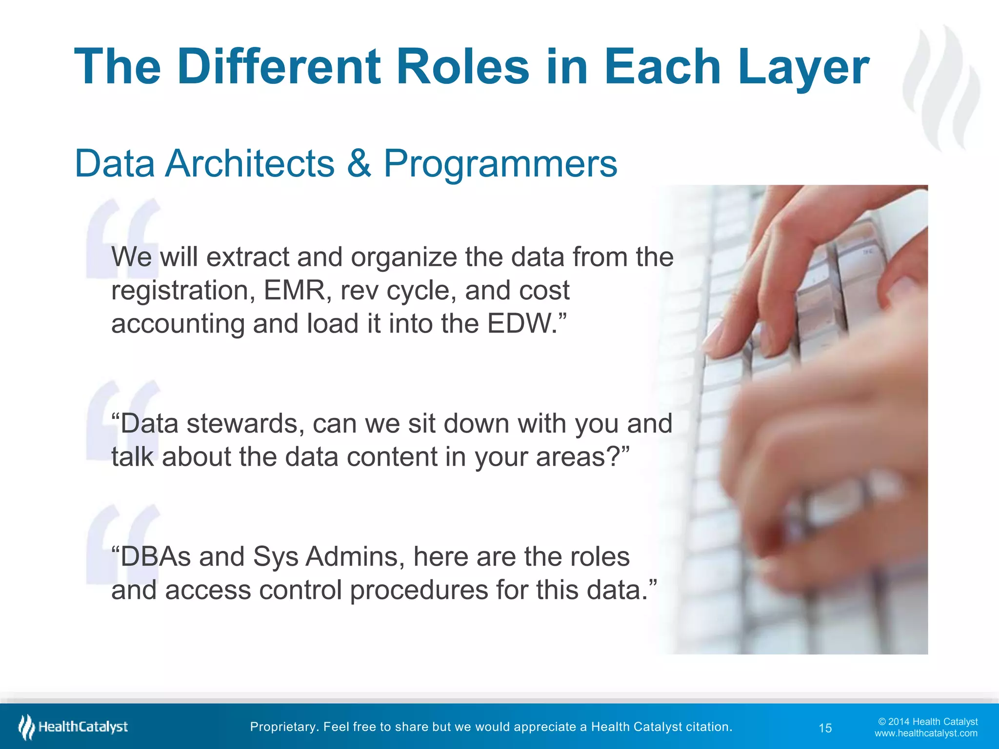 © 2014 Health Catalyst 
www.healthcatalyst.com 
The Different Roles in Each Layer 
Data Architects & Programmers 
We will extract and organize the data from the 
registration, EMR, rev cycle, and cost 
accounting and load it into the EDW.” 
“Data stewards, can we sit down with you and 
talk about the data content in your areas?” 
“DBAs and Sys Admins, here are the roles 
and access control procedures for this data.” 
Proprietary. Feel free to share but we would appreciate a Health Catalyst citation. 
15 
 