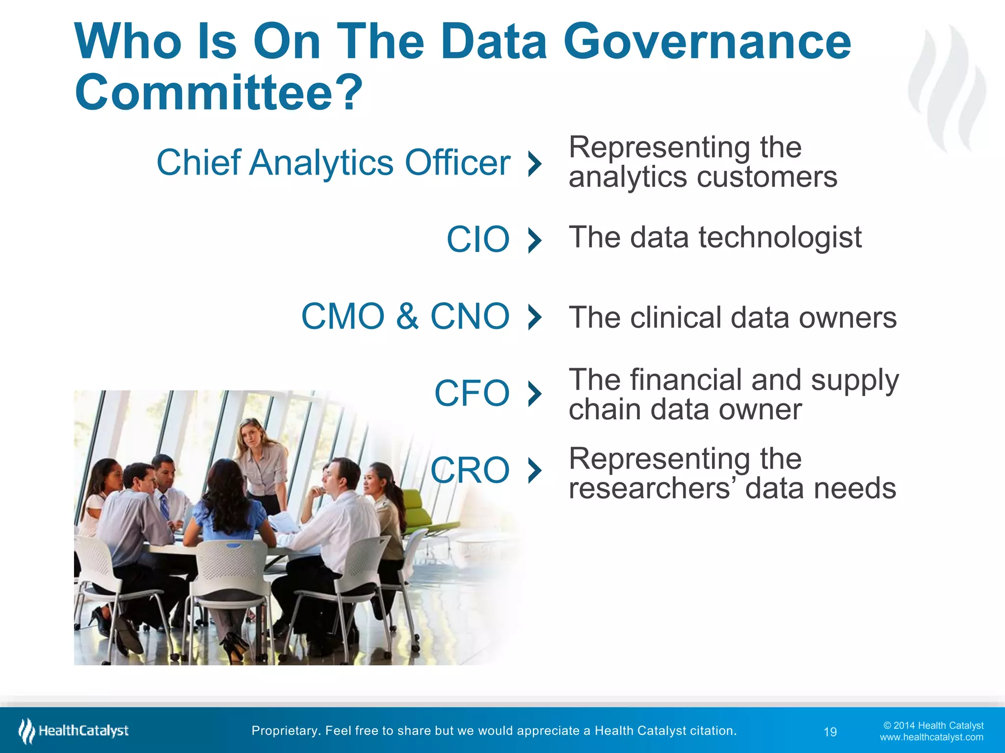 The clinical data owners 
The financial and supply 
chain data owner 
Representing the 
researchers’ data needs 
© 2014 Health Catalyst 
www.healthcatalyst.com 
Who Is On The Data Governance 
Committee? 
Representing the 
analytics customers 
The data technologist 
Chief Analytics Officer 
CIO 
CMO & CNO 
CFO 
CRO 
Proprietary. Feel free to share but we would appreciate a Health Catalyst citation. 
19 
 