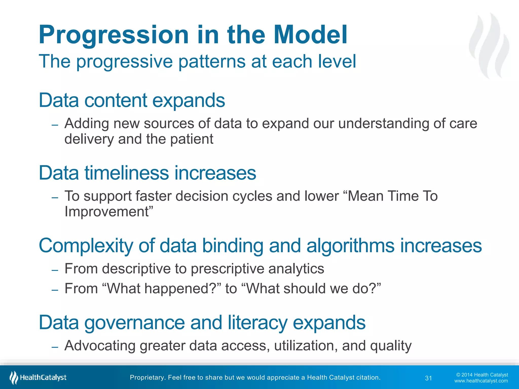 The progressive patterns at each level 
– Adding new sources of data to expand our understanding of care 
delivery and the patient 
Data timeliness increases 
– To support faster decision cycles and lower “Mean Time To 
Improvement” 
Complexity of data binding and algorithms increases 
© 2014 Health Catalyst 
www.healthcatalyst.com 
Progression in the Model 
Data content expands 
– From descriptive to prescriptive analytics 
– From “What happened?” to “What should we do?” 
Data governance and literacy expands 
– Advocating greater data access, utilization, and quality 
Proprietary. Feel free to share but we would appreciate a Health Catalyst citation. 
31 
 