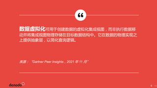6
来源：“Gartner Peer Insights，2021 年 11 月”
数据虚拟化可用于创建数据的虚拟化集成视图，而非执行数据移
动并将集成视图物理存储在目标数据结构中。它在数据的物理实现之
上提供抽象层，以简化查询逻辑。
 