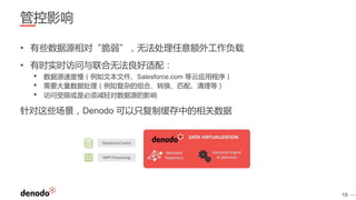 19
管控影响
• 有些数据源相对“脆弱”，无法处理任意额外工作负载
• 有时实时访问与联合无法良好适配：
• 数据源速度慢（例如文本文件、Salesforce.com 等云应用程序）
• 需要大量数据处理（例如复杂的组合、转换、匹配、清理等）
• 访问受限或是必须减轻对数据源的影响
针对这些场景，Denodo 可以只复制缓存中的相关数据
 