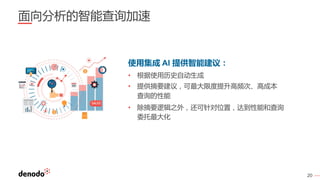 20
使用集成 AI 提供智能建议：
• 根据使用历史自动生成
• 提供摘要建议，可最大限度提升高频次、高成本
查询的性能
• 除摘要逻辑之外，还可针对位置，达到性能和查询
委托最大化
面向分析的智能查询加速
 