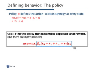 IDS Lab.
Defining behavior: The policy
•Policy, π defines the action-selction strategy at every state:
π 𝒔, 𝒂 = 𝑷 𝒂 𝒕 = 𝒂 ...